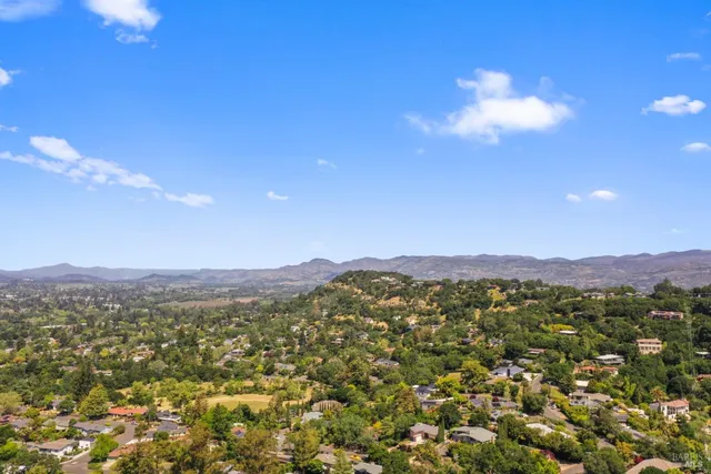 a view of a city with mountains in the background