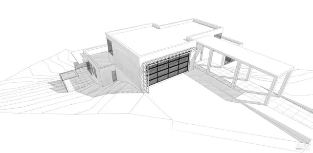 an aerial view of residential house with outdoor space and trees all around
