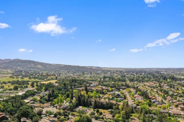 an aerial view of residential houses with outdoor space and trees