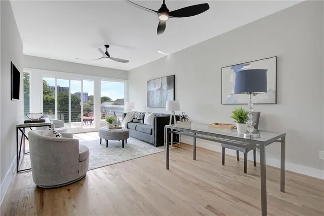 a living room with furniture and a potted plant