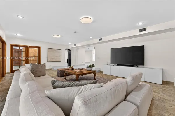 a view of a field with an outdoor space