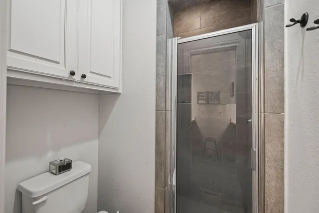 a bathroom with a shower and toilet