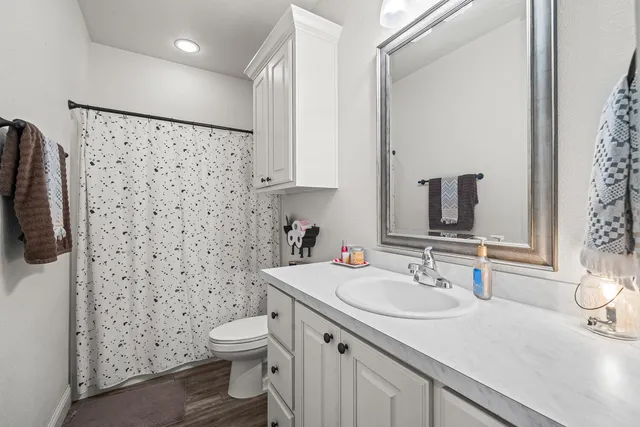 a bathroom with a sink toilet and shower