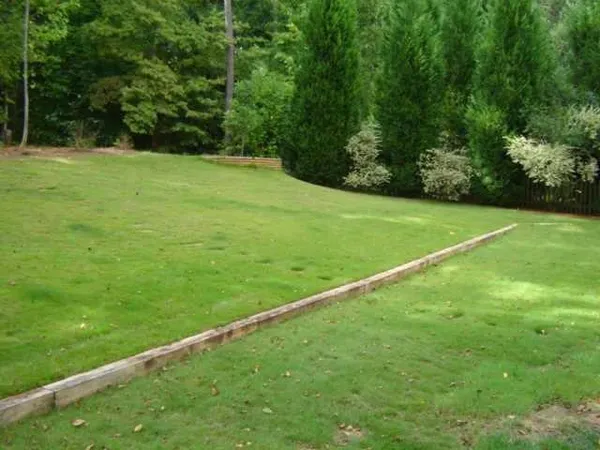 a view of field with grass and trees in the background