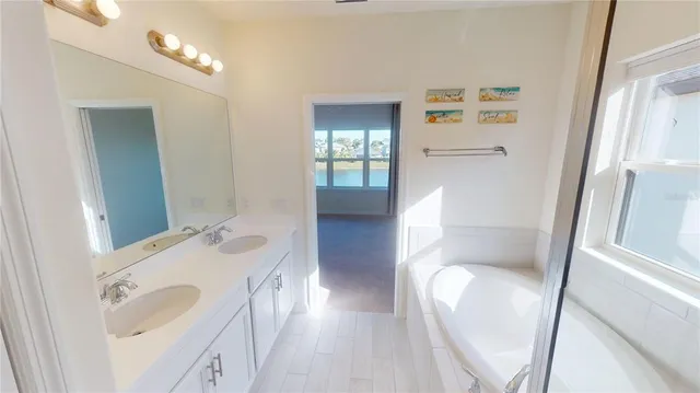 a bathroom with a tub shower sink and mirror