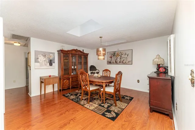 a view of a dining room with furniture