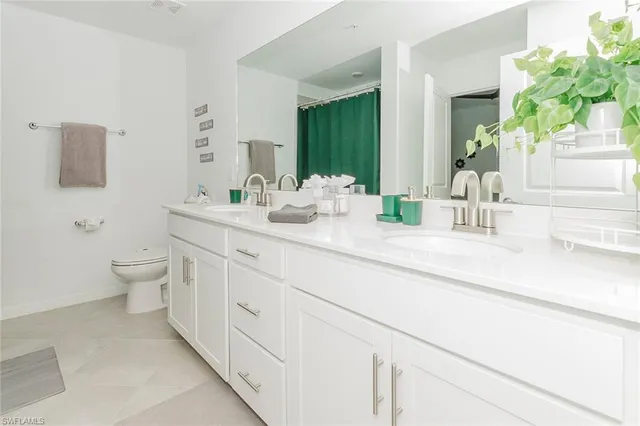 a bathroom with a double vanity sink mirror and toilet