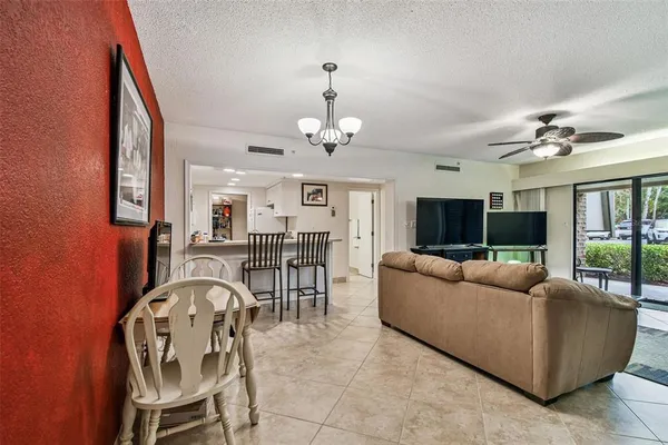 a view of a dining room with furniture