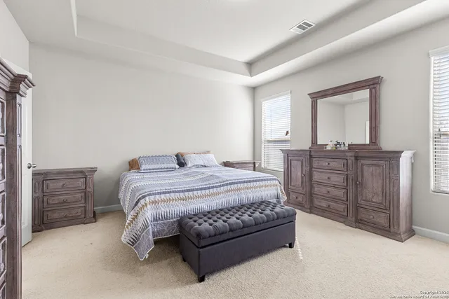 a bedroom with a bed and dresser