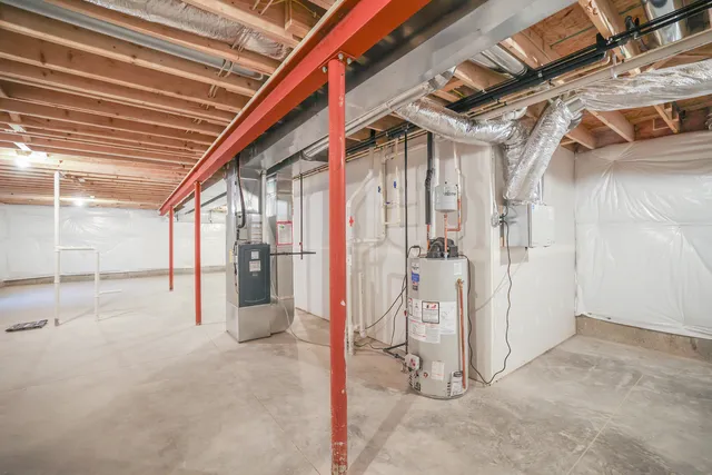 a view of a hallway with wooden walls