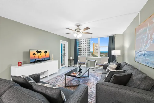 a living room with furniture and a large window