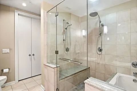 a bathroom with a shower and toilet