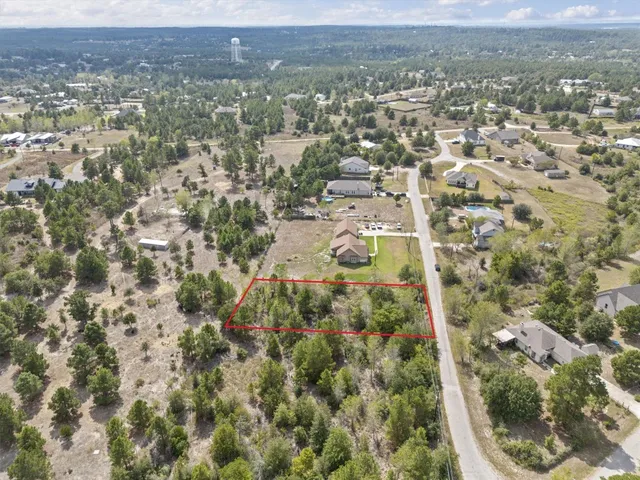 an aerial view of residential houses with outdoor space and trees