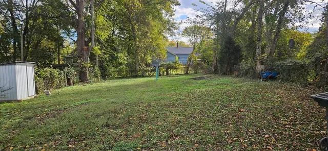 a view of a park with large trees