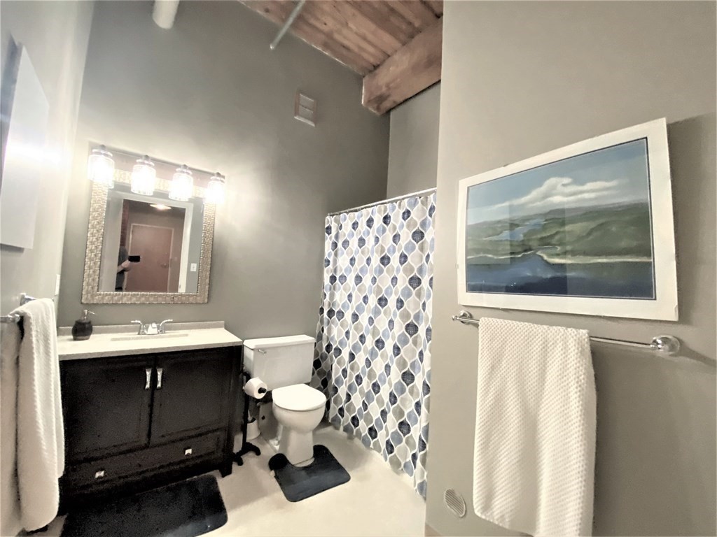 158-160 Chestnut Street, Unit 2F Springfield, MA 01103 - Photo 7 of 12 a bathroom with a sink a toilet a mirror and shower