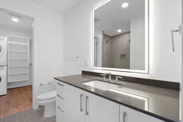 a bathroom with a granite countertop sink a toilet and shower
