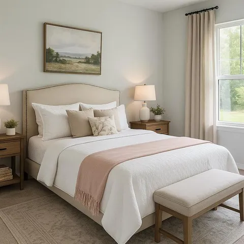 a spacious bedroom with a bed and a couch