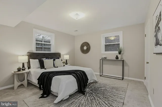 a bedroom with a bed and a potted plant on dresser