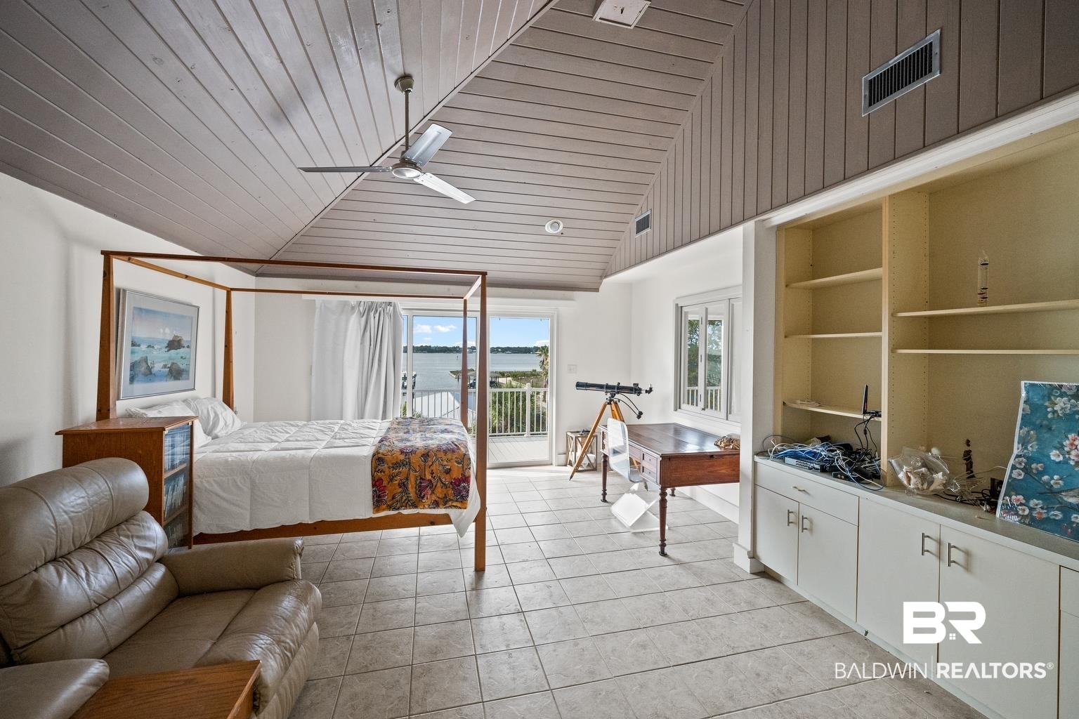 29255 Ono Boulevard Orange Beach, AL 36561 - Photo 33 of 43 Bedroom with access to exterior, wooden ceiling, light tile patterned floors, and high vaulted ceiling