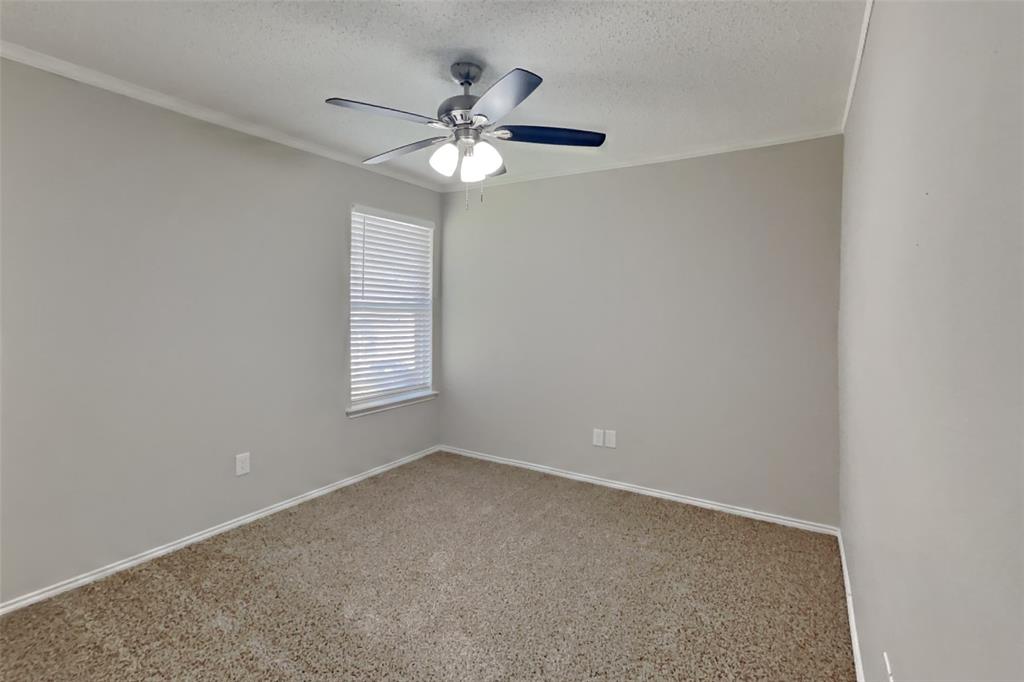 8404 Trinity Vista Trail Fort Worth, TX 76053 - Photo 14 of 18 Empty room with a textured ceiling, carpet flooring, crown molding, and a ceiling fan