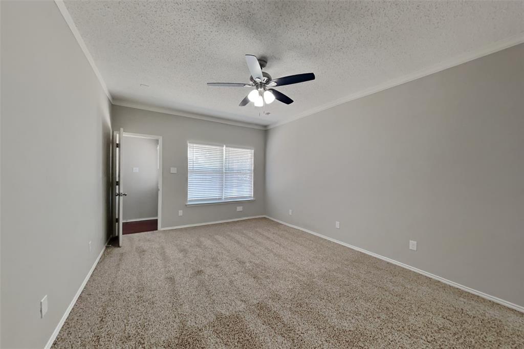 8404 Trinity Vista Trail Fort Worth, TX 76053 - Photo 7 of 18 Empty room featuring ornamental molding, carpet, a textured ceiling, and ceiling fan