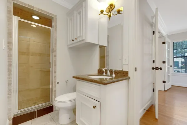 a bathroom with a granite countertop sink a toilet and shower