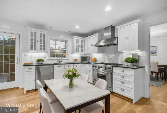 a kitchen with white cabinets and wooden floor