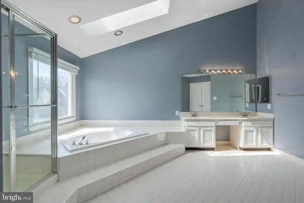 a bathroom with a bathtub a sink and a large mirror