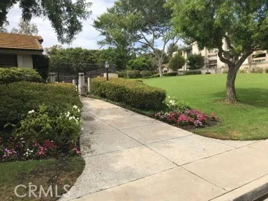 a view of a garden with flowers and trees