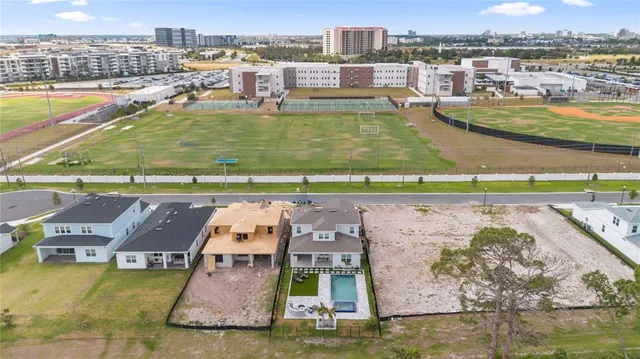 a view of a lake with a city