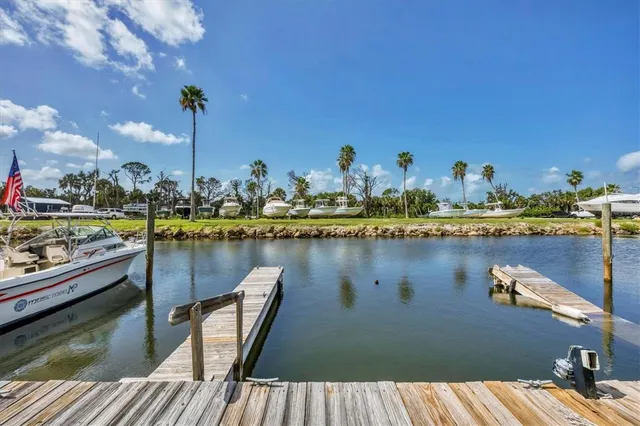a view of a lake with boats and trees in the background