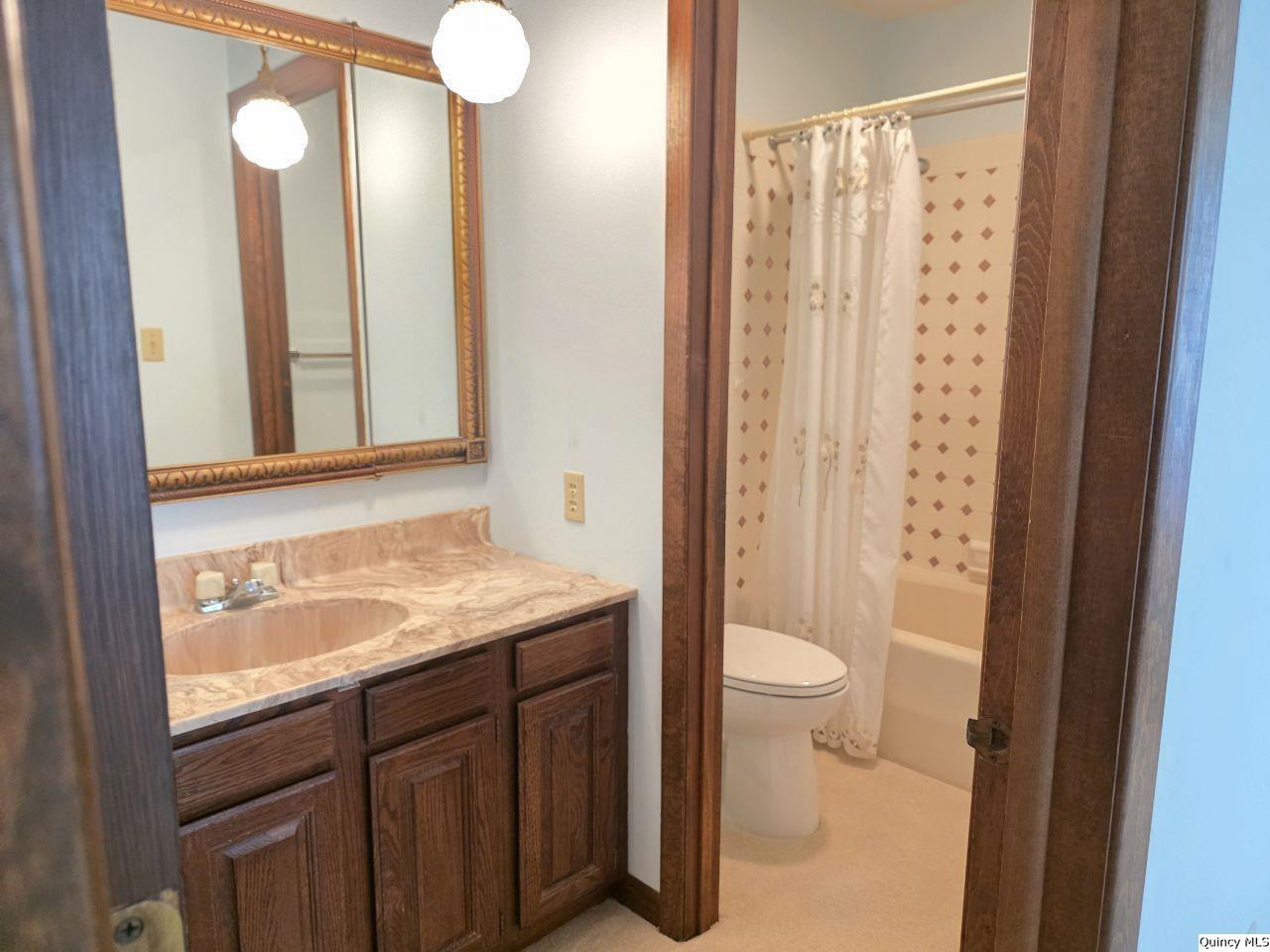 502 North Chestnut Street Versailles, IL 62378 - Photo 31 of 32 a bathroom with a granite countertop sink toilet and shower