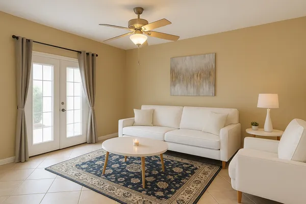 a living room with furniture and a rug