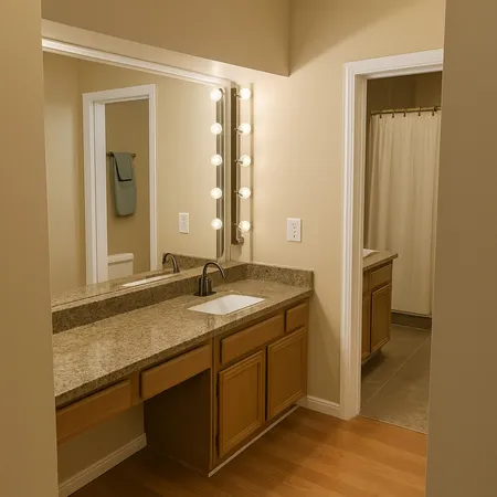 a bathroom with a granite countertop sink and a mirror