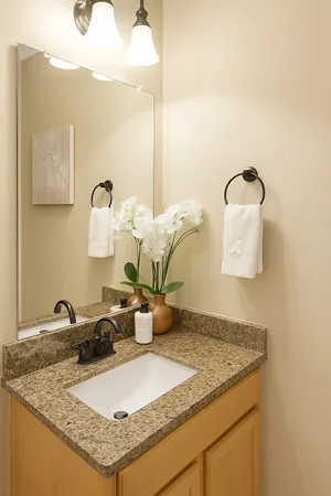 a bathroom with a granite countertop sink and a mirror