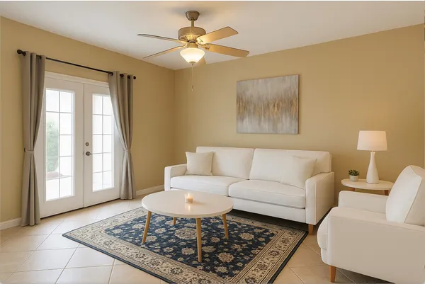 a living room with furniture and a rug