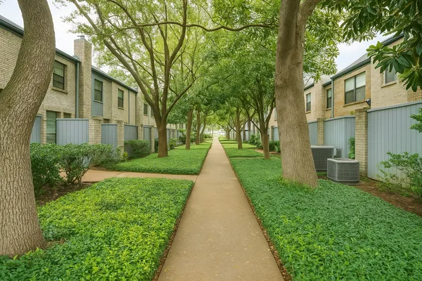a view of a pathway with a house in the background
