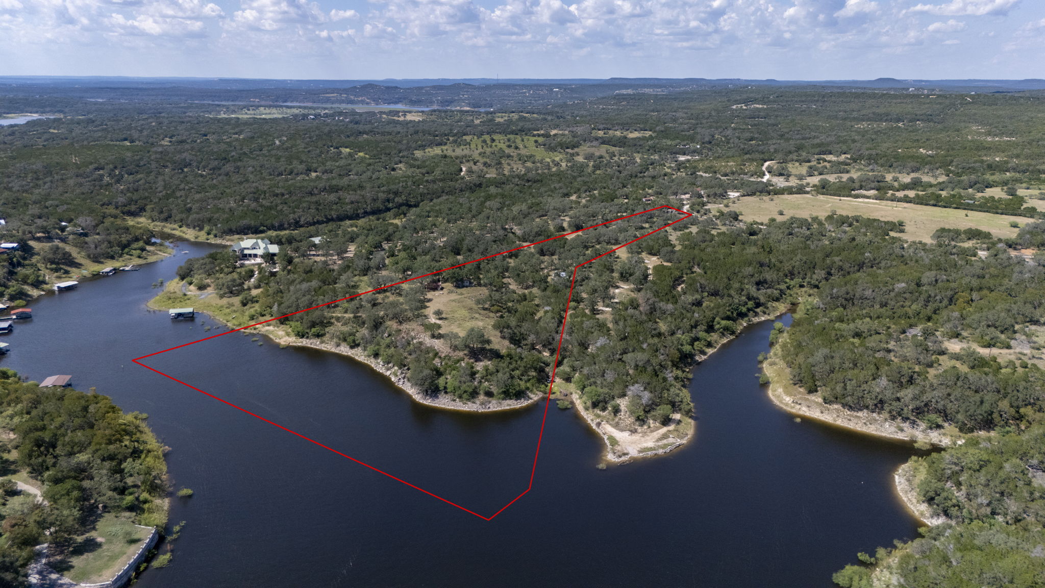 Tbd Singleton Road Marble Falls, TX 78654 - Photo 2 of 40 Aerial view of Lake Travis property with approx 12 +/- acres boundary highlighted