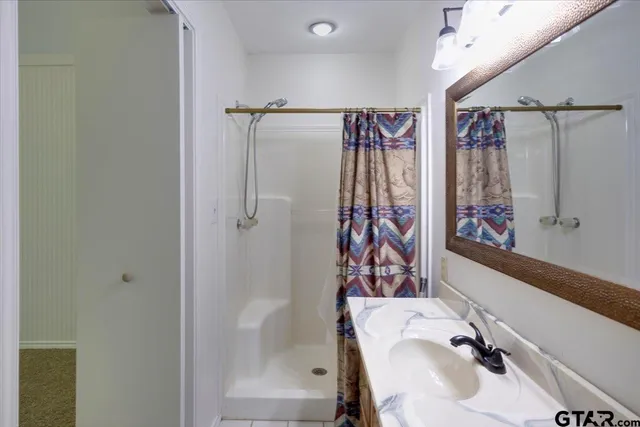 a bathroom with a sink a mirror a vanity and shower