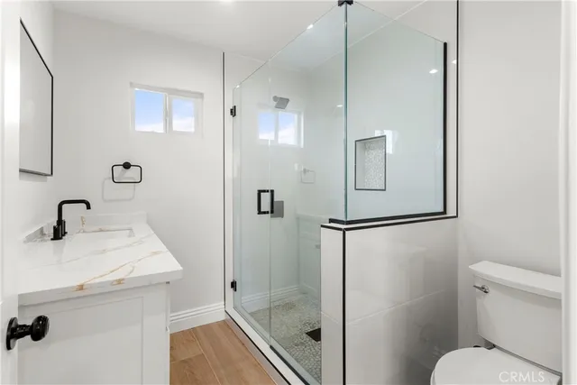 a bathroom with a shower sink mirror vanity and toilet