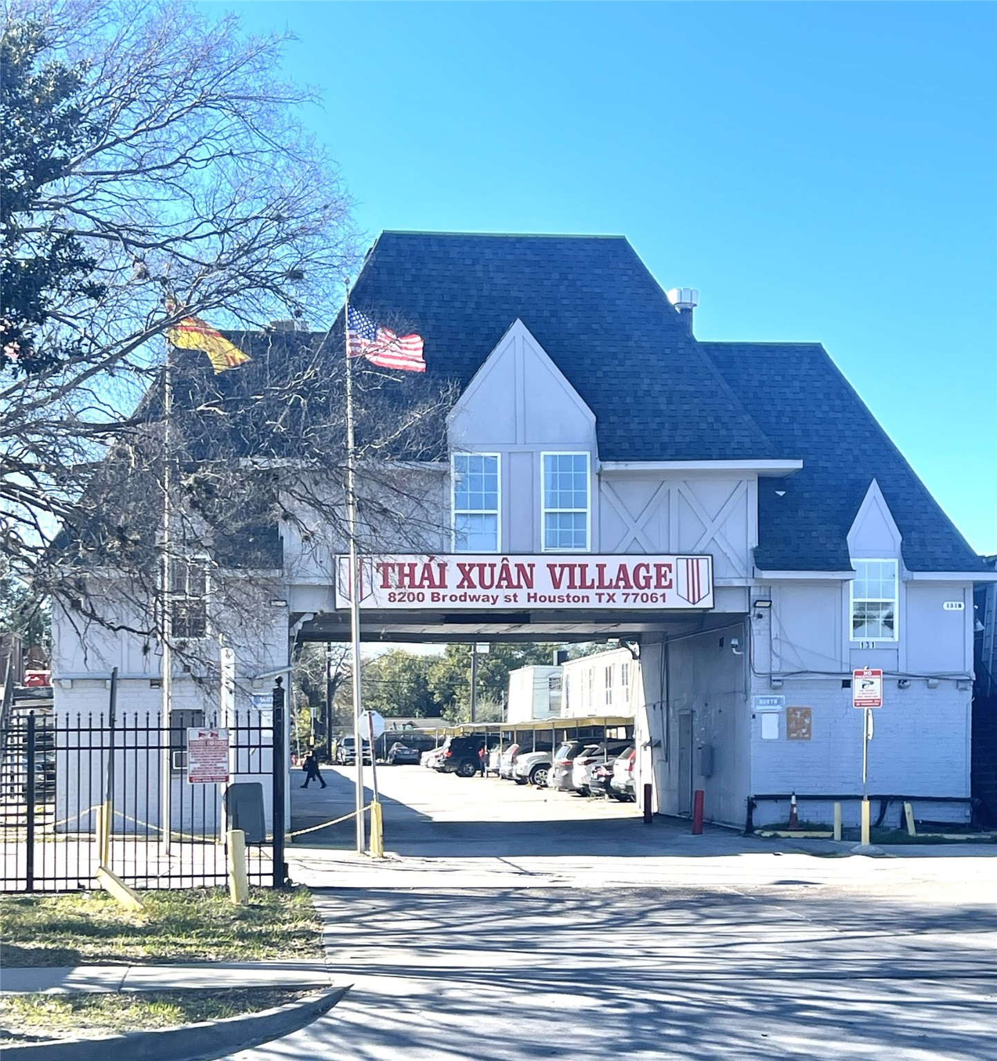 a view of a building with a street