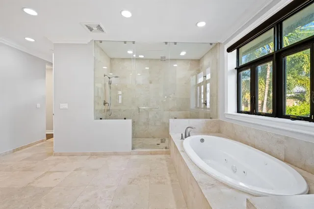 a bathroom with a bathtub and a shower