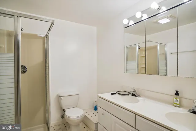 a bathroom with a sink toilet vanity and shower