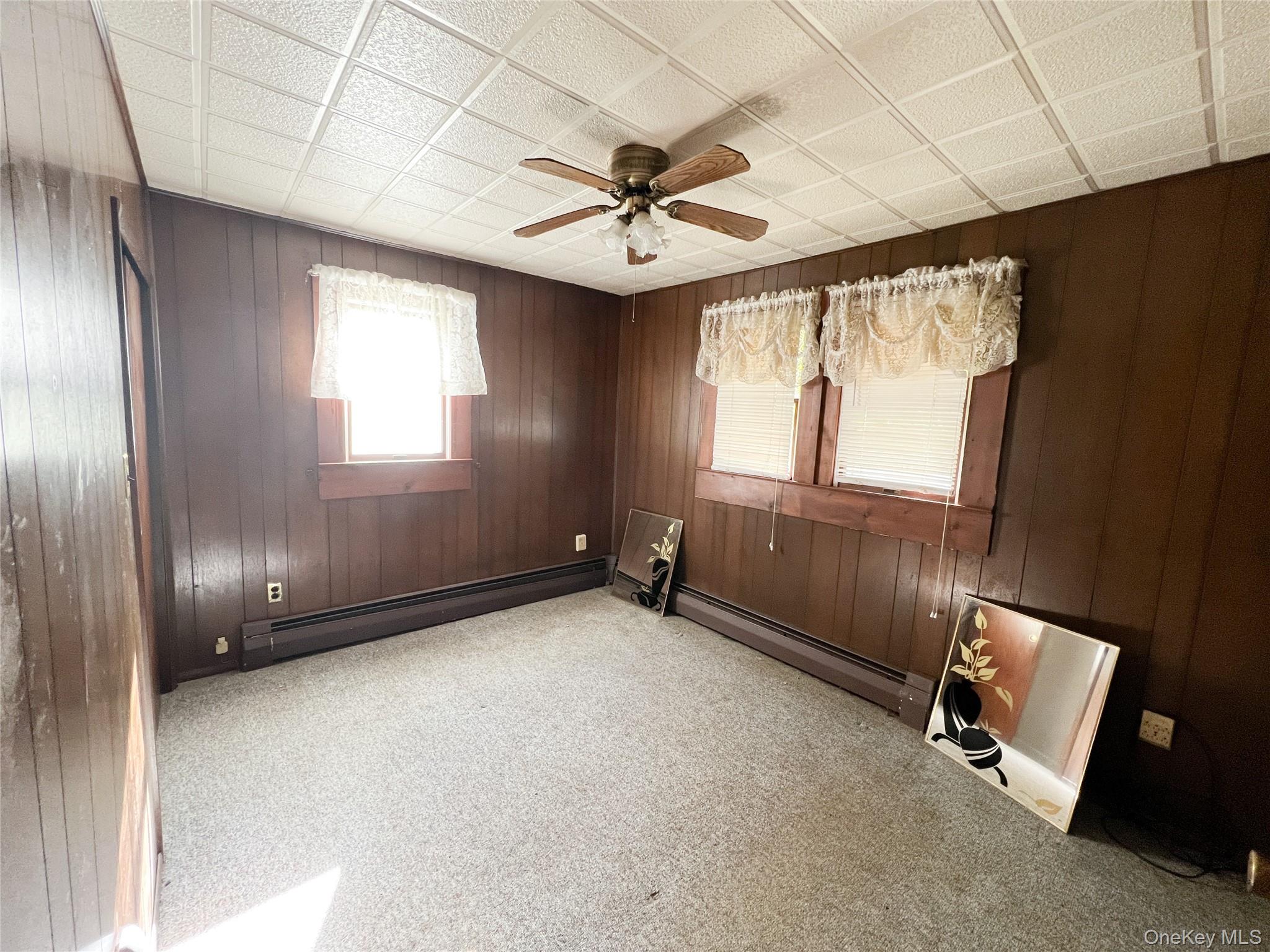 259 Tennanah Lake Road Roscoe, NY 12776 - Photo 7 of 11 Carpeted spare room featuring wooden walls, a ceiling fan, and baseboard heating