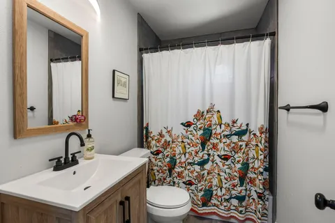 a bathroom with a sink toilet and shower