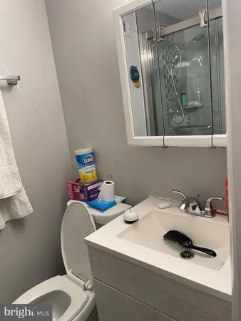 a bathroom with a sink a toilet and shower curtain