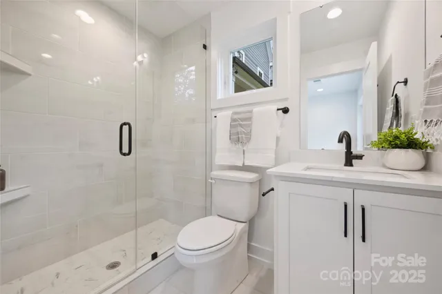 a bathroom with a shower sink mirror and toilet