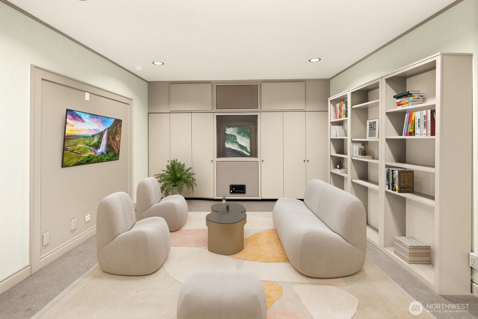 505 West Mercer Place, Unit 101 Seattle, WA 98119 - Photo 16 of 24 a living room with furniture and a book shelf