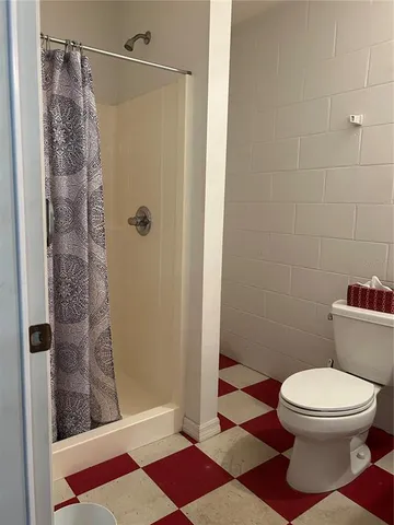 a bathroom with a toilet and a shower