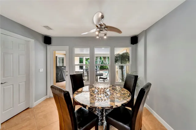 a view of a dining room with furniture window and outside view